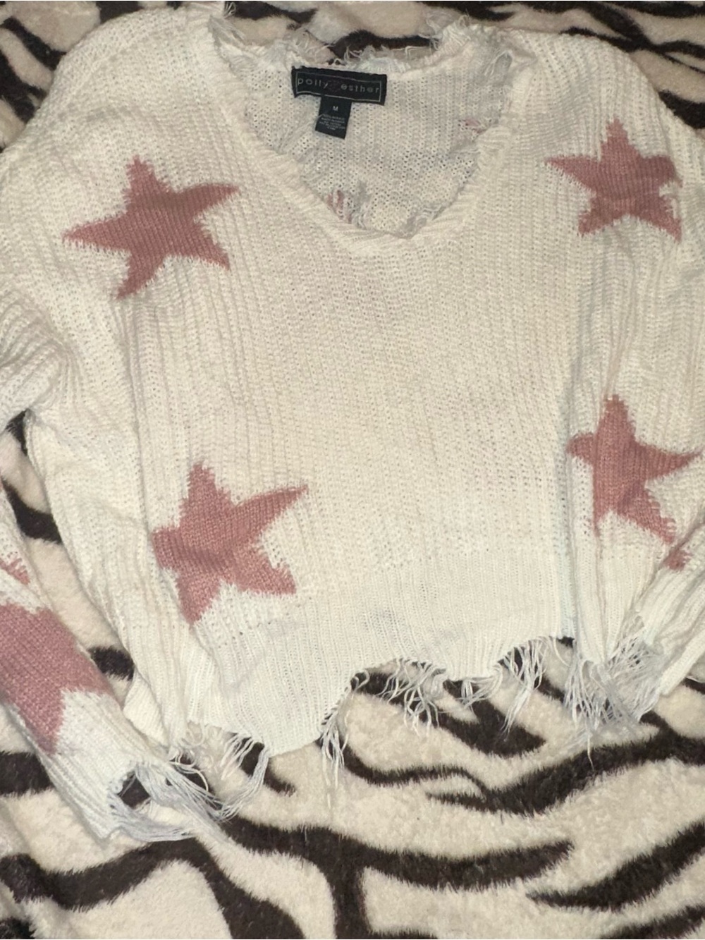 Polly & Esther Cream Knit Pullover with Pink Star Accents